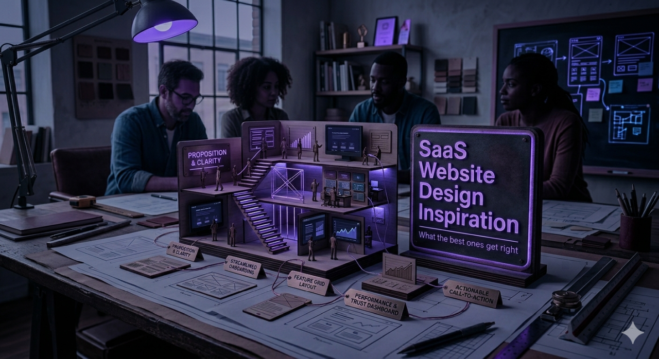 A SaaS product website shown on a laptop screen
