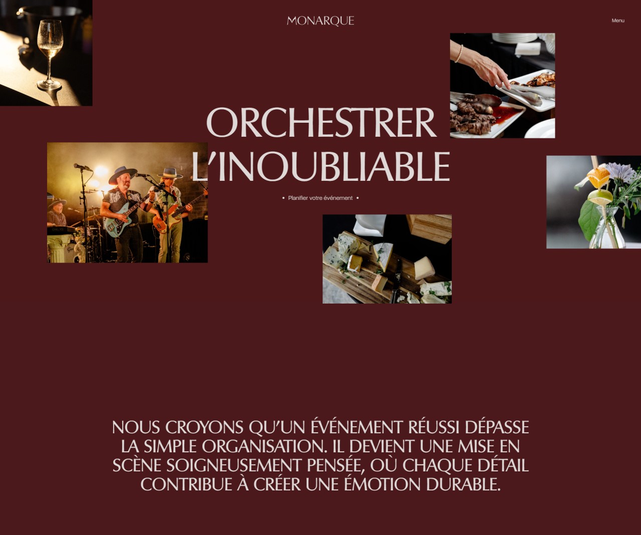 Monarque Événements — full homepage design, a event website